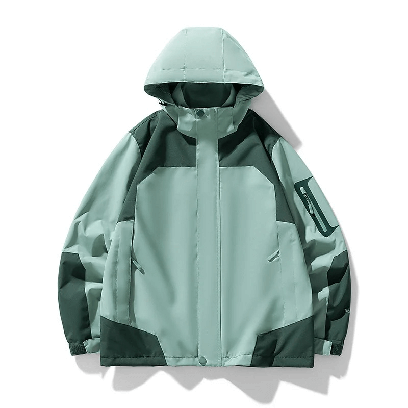 Waterproof hooded outdoor jacket with zipper closure and pockets, perfect for hiking. Made of waterproof polyester in green tones, style SF1976.